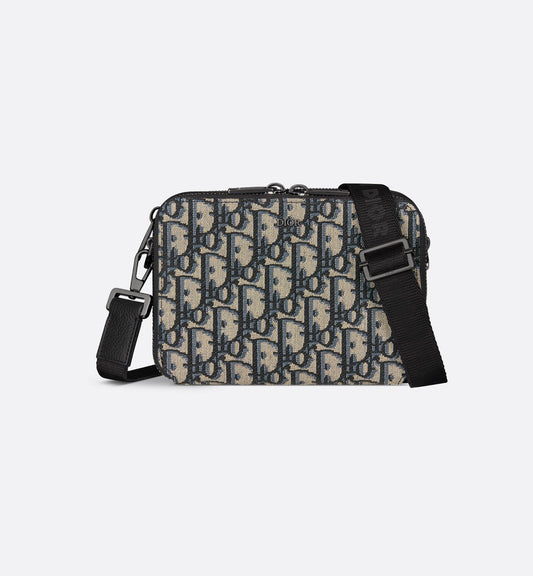Pochette zippée à bandoulière Toile jacquard Dior Oblique noir