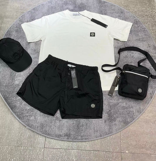 Ensemble stone island black & white avec sacoche et casquette